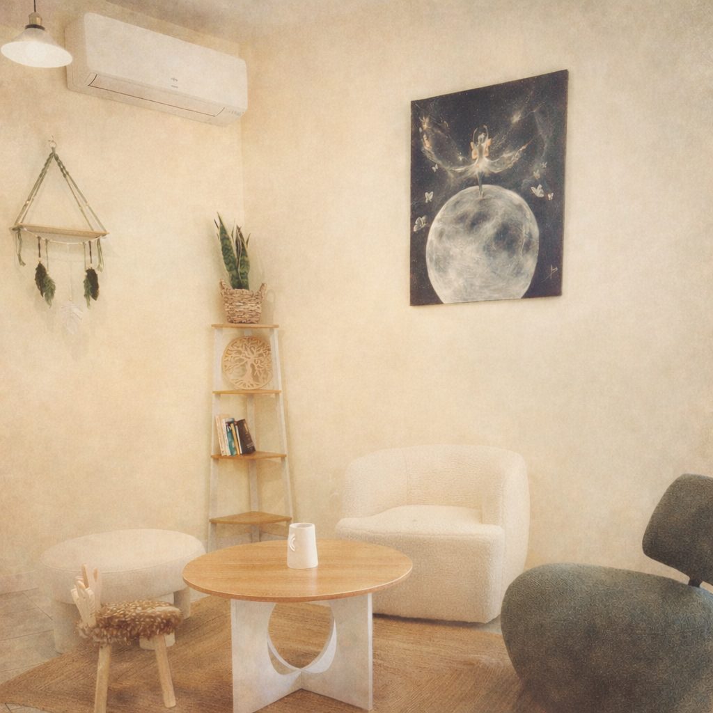 Salon d'accueil de la boutique : fauteuils écrus, table ronde en bois, attrape-rêves et tableau d'une fée sur la lune
